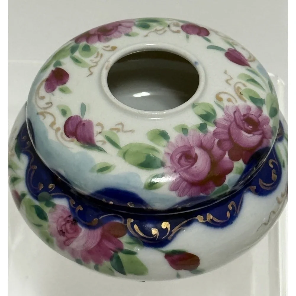 Antique Hand Painted Porcelain Hair Receiver - Cobalt Blue, Pink Gold Glit